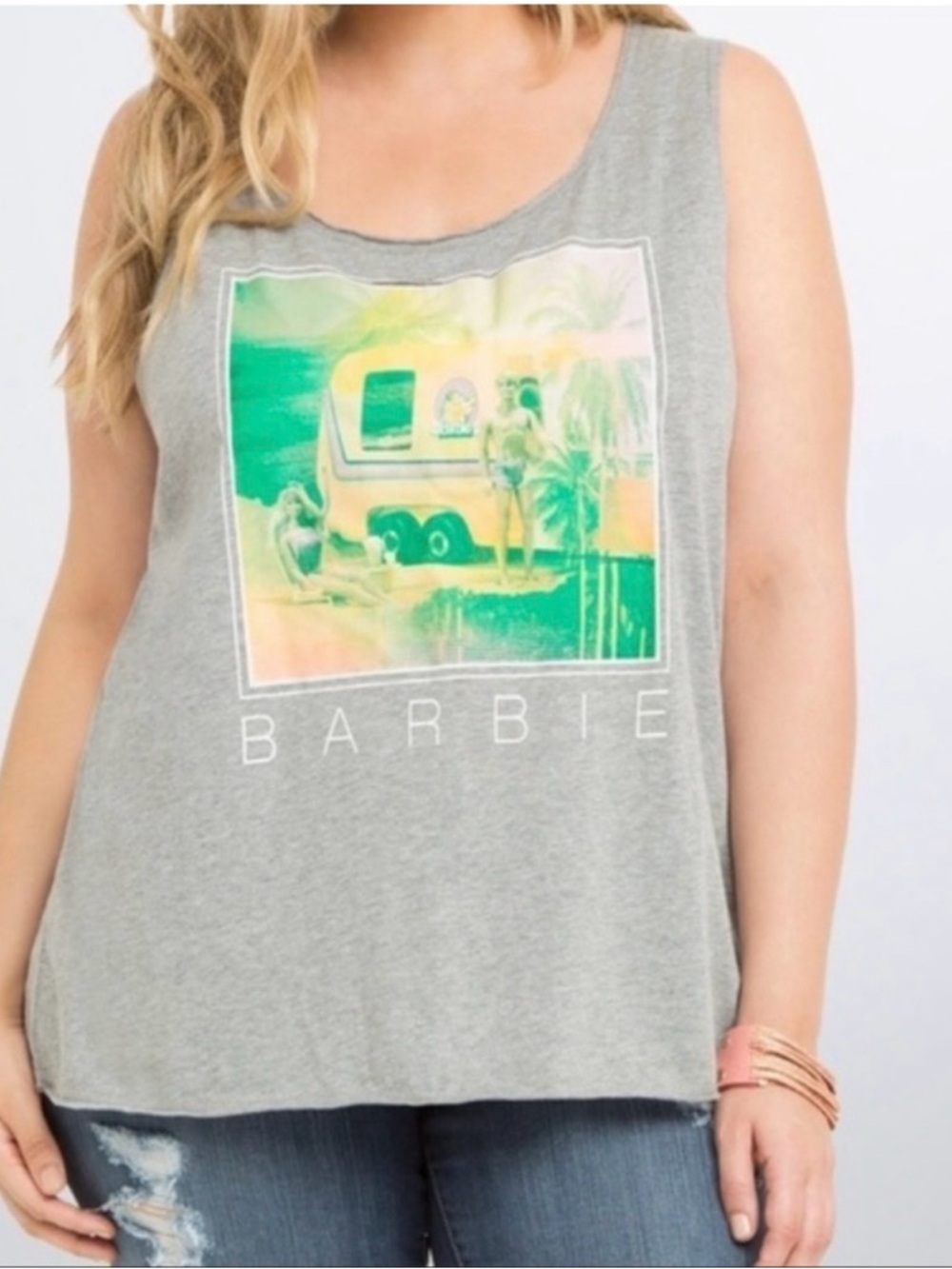 Barbie Grey Tank with Neon Tropical Graphic